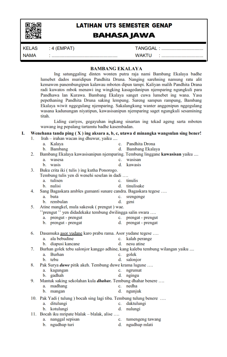 Soal Bahasa Jawa Kelas 7 Semester 2